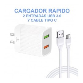 Cargador Rápido para Celular Android 2 USB 2.4A 24W Con Cable de Tipo c Cargador para celular con Cable tipo C